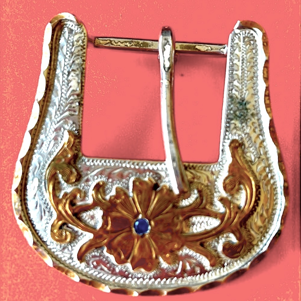 Mexico Sterling silver overlay/ plated gold? flower rhinestone belt buckle